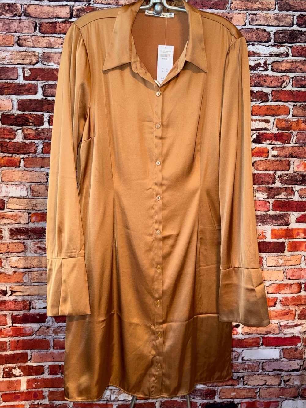 Abercrombie & Fitch Long-Sleeve Satin Shirt Dress in Satin Camel Brown